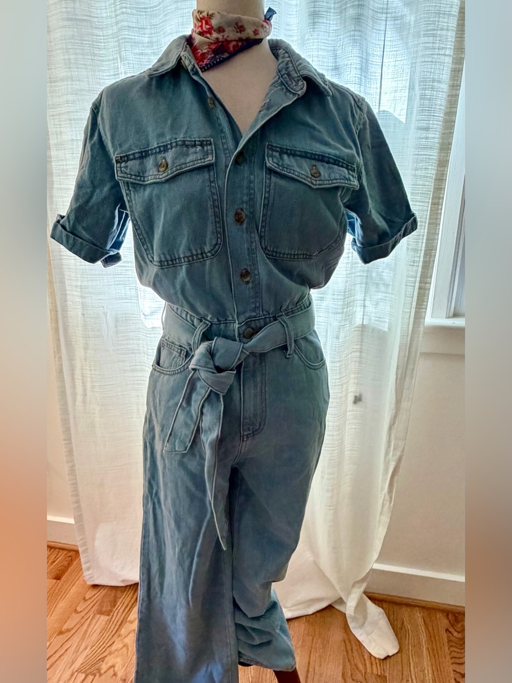 Universal Thread Washed Blue Denim Wide-Leg Jumpsuit with Self-Tie Belt